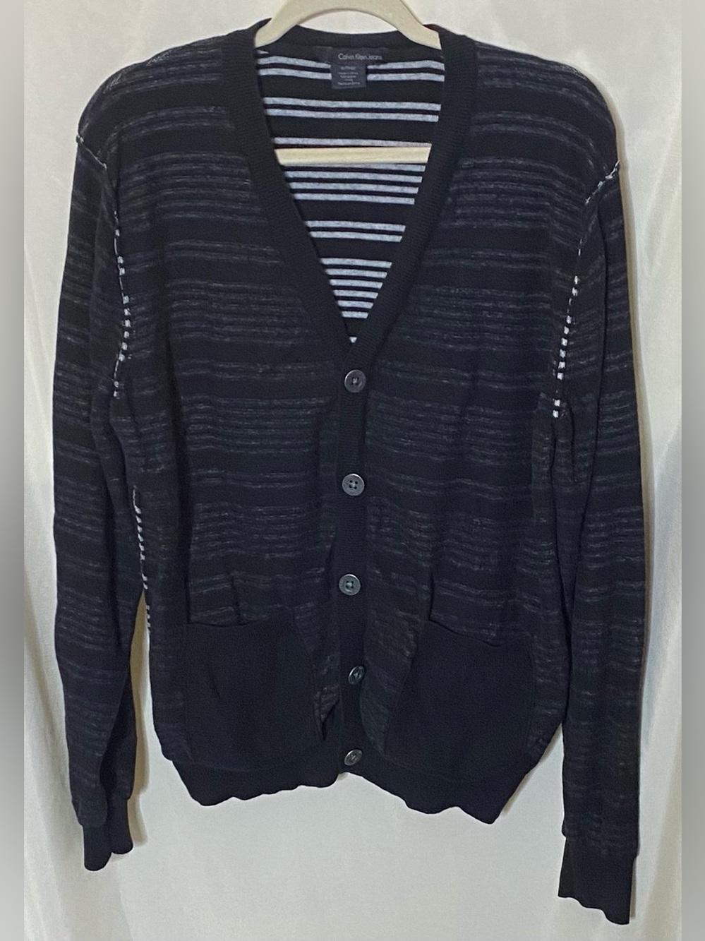 Calvin Klein Jeans Men's V-Neck Cardigan Sweater in Black & Gray striped